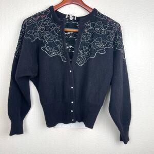 Vintage Womens Cardigan Sz L Italy Angora Wool Pin Up Lace Whimsigoth Rhinestone